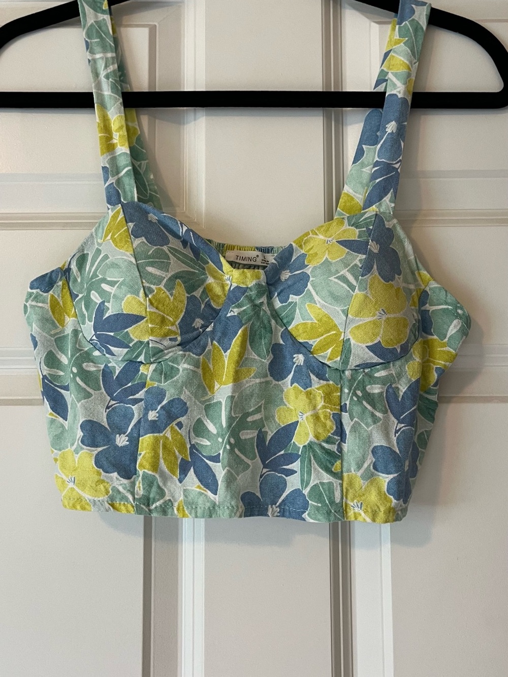 Timing Floral Bustier Crop Top in Blue, Green & Yellow